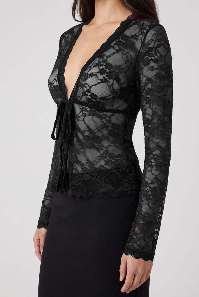 Black sheer lace cardigan, deep V tie-front detail and long sleeves