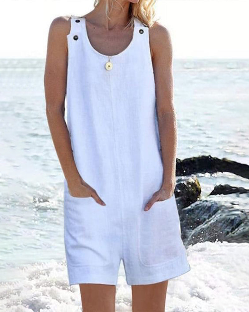 White cotton pocket buttons shorts jumpsuit, casual style, perfect for leisure and daily wear.