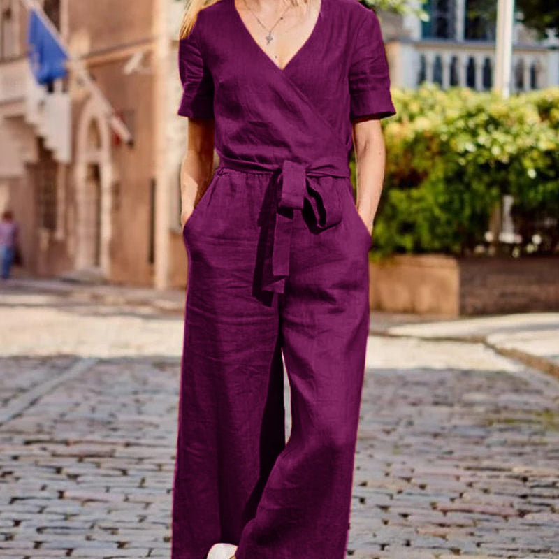 Plum cotton romper jumpsuit with belt, casual style, perfect for leisure and daily wear