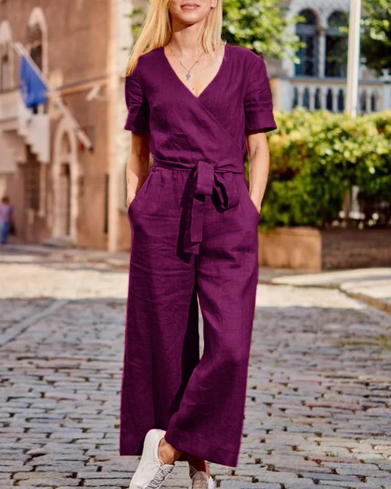 Plum cotton romper jumpsuit with belt, casual style, perfect for leisure and daily wear