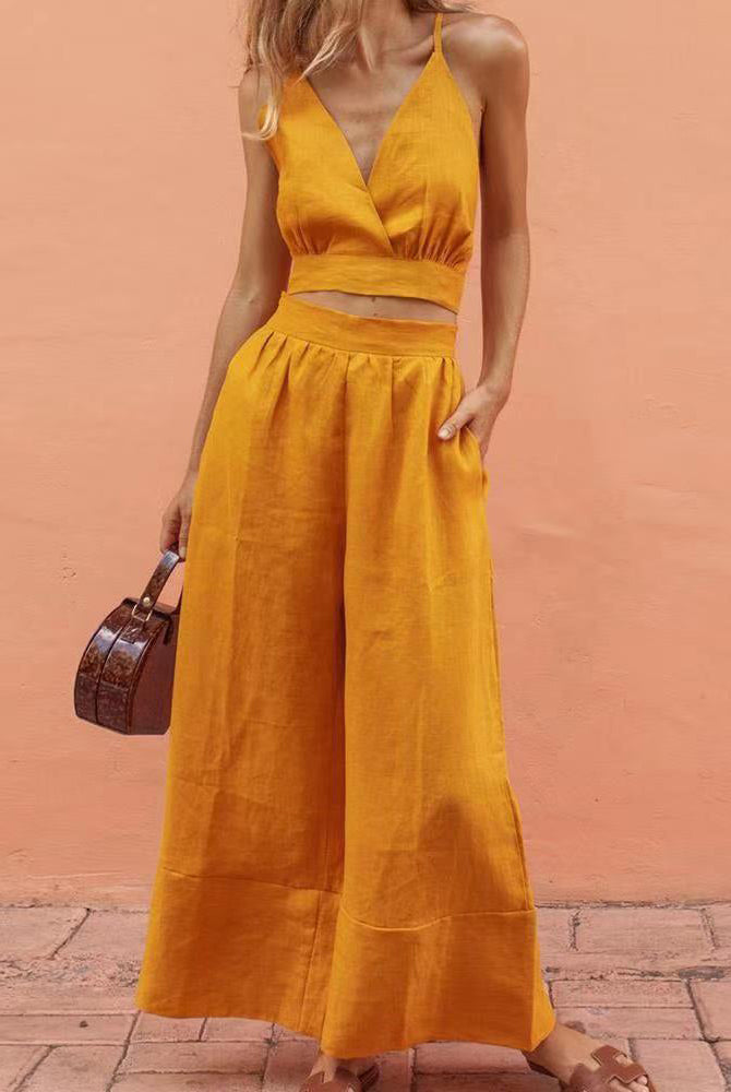 Yellow lace-up crop tank and long pants set. Vacation style, perfect for leisure and daily wear.