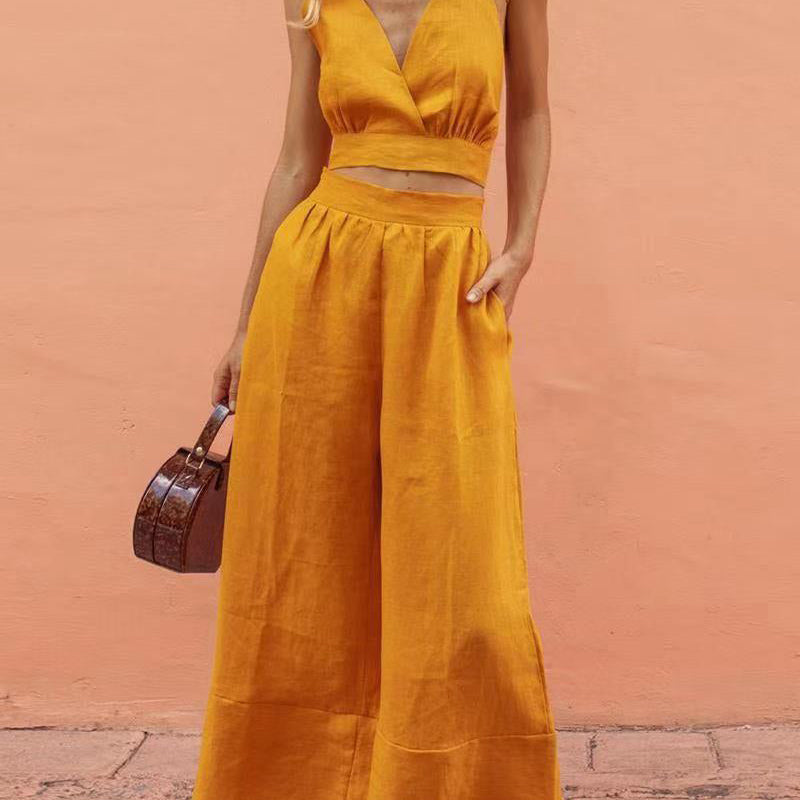 Yellow lace-up crop tank and long pants set. Vacation style, perfect for leisure and daily wear.