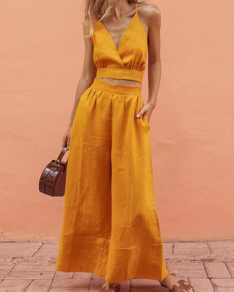 Yellow lace-up crop tank and long pants set. Vacation style, perfect for leisure and daily wear.