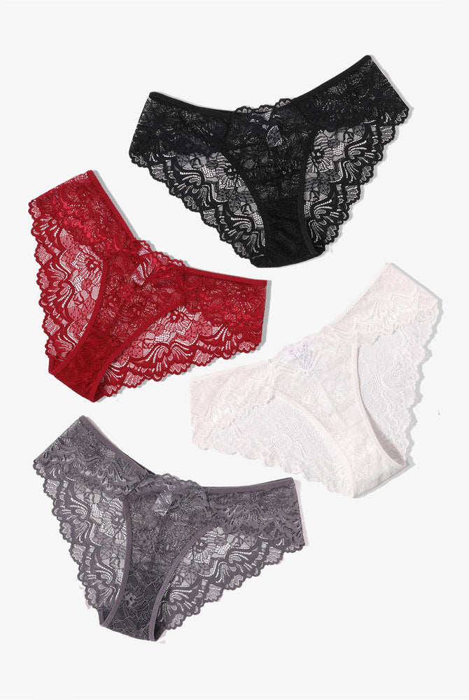 Avidlove Lace Hipster Panties in black, red, white, and gray. Features floral lace, low-rise design.