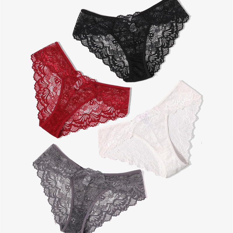 Avidlove Lace Hipster Panties in black, red, white, and gray. Features floral lace, low-rise design.