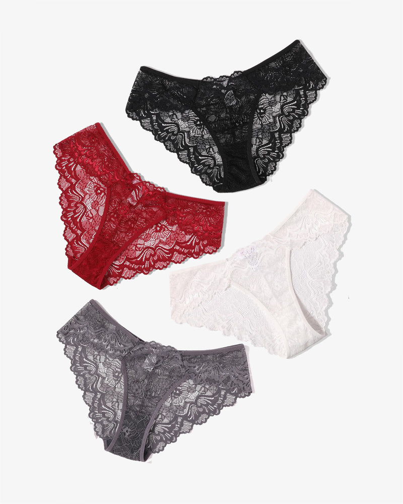 Avidlove Lace Hipster Panties in black, red, white, and gray. Features floral lace, low-rise design.