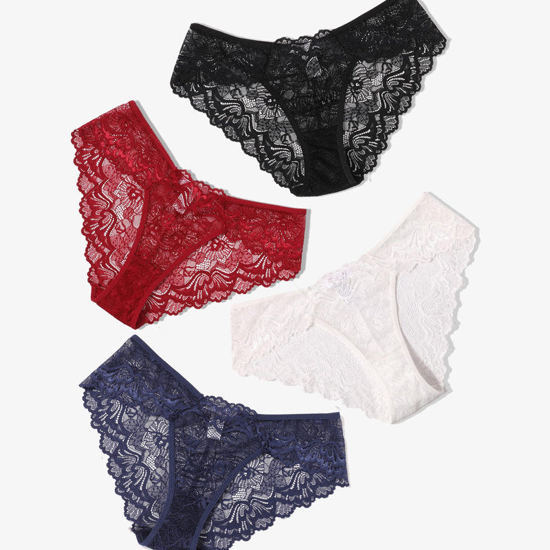 Avidlove Lace Hipster Panties - Black, Red, White, and Navy. Low-rise, floral lace lingerie.