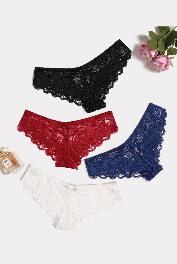 Floral lace hipster panties in black, red, navy blue, and white. Sheer and stylish lingerie.