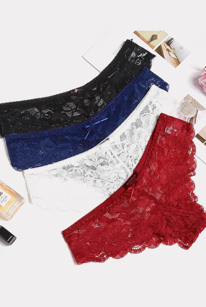 Floral lace hipster panties in black, navy, white, and red from Avidlove. Sheer, stylish lingerie.