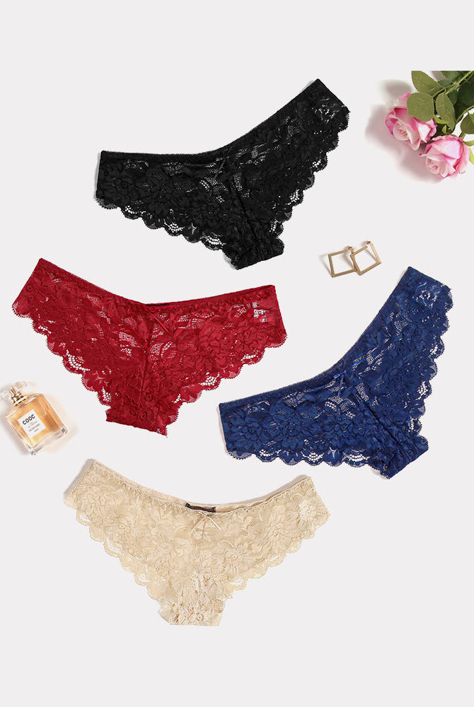 Floral lace hipster panties in black, red, navy blue, and cream. Sheer, stylish and comfortable.