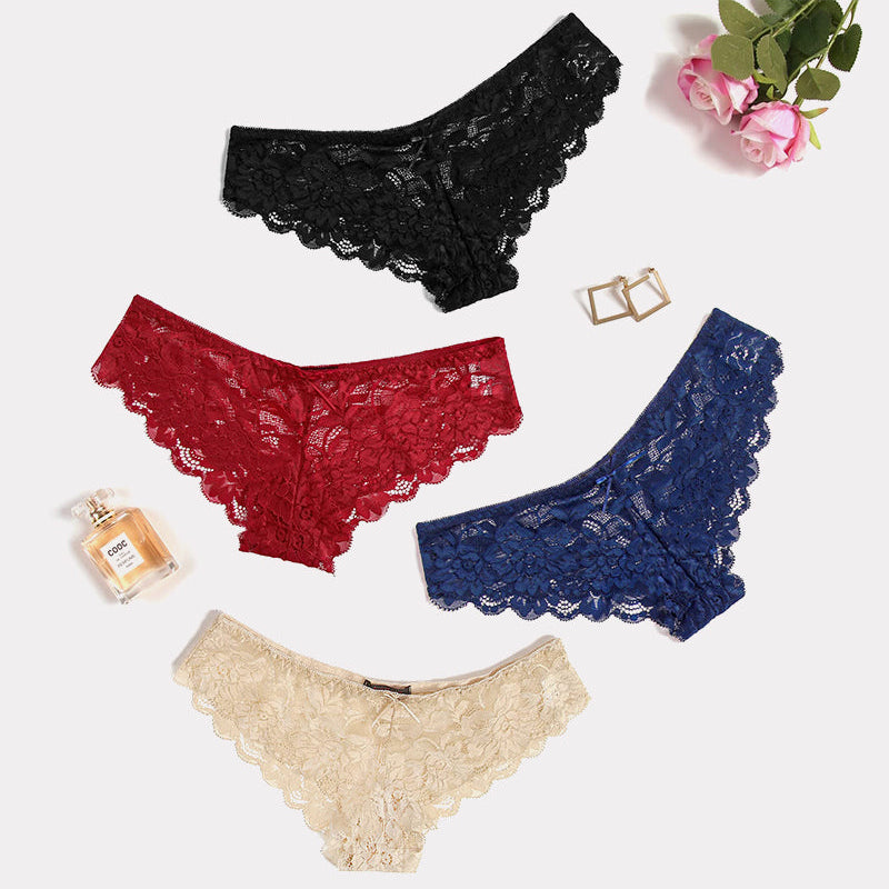Floral lace hipster panties in black, red, navy blue, and cream. Sheer, stylish and comfortable.