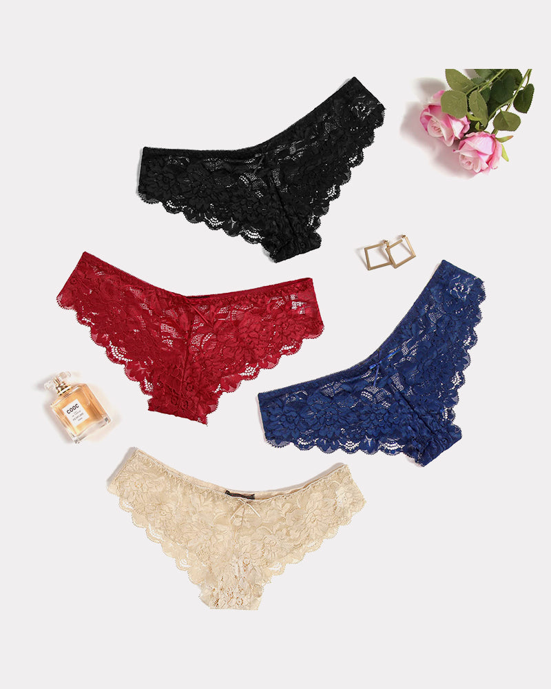Floral lace hipster panties in black, red, navy blue, and cream. Sheer, stylish and comfortable.