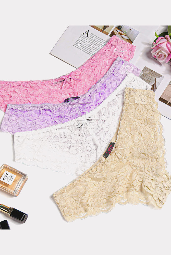 Floral lace hipster panties in pink, purple, white, and beige. Stylish Avidlove lingerie.