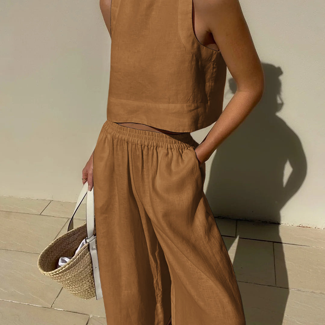 Brown linen crop top and wide leg pants set. Vacation style, breathable summer outfit.