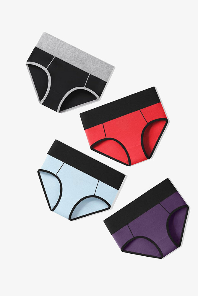 Cotton Hipster Panties: High-waist briefs in black, red, blue, and purple with color-clash design.