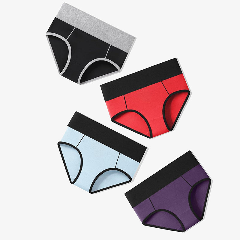 Cotton Hipster Panties: High-waist briefs in black, red, blue, and purple with color-clash design.