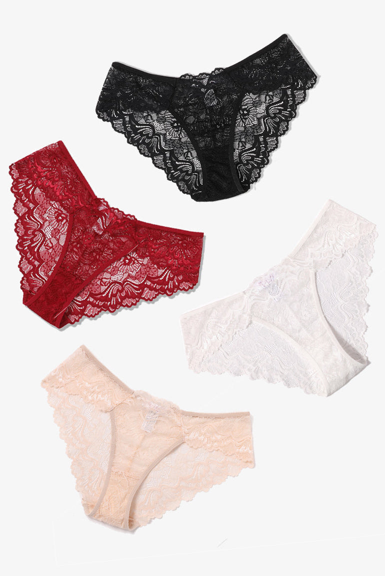 Avidlove lace hipster panties, available in black, red, white, and peach. Low-rise floral design.