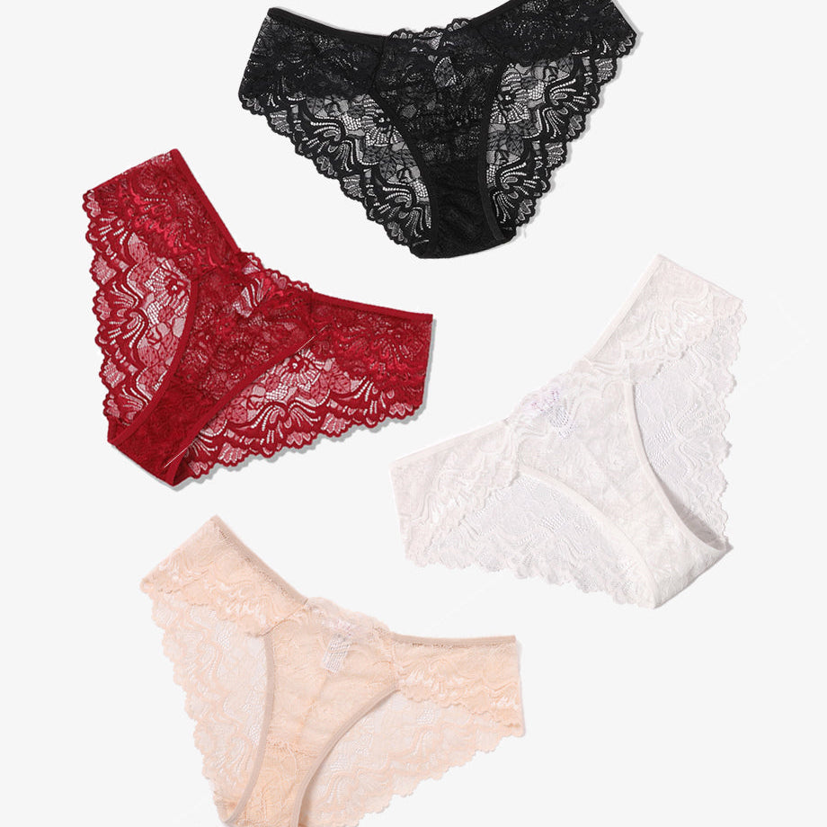 Avidlove lace hipster panties, available in black, red, white, and peach. Low-rise floral design.