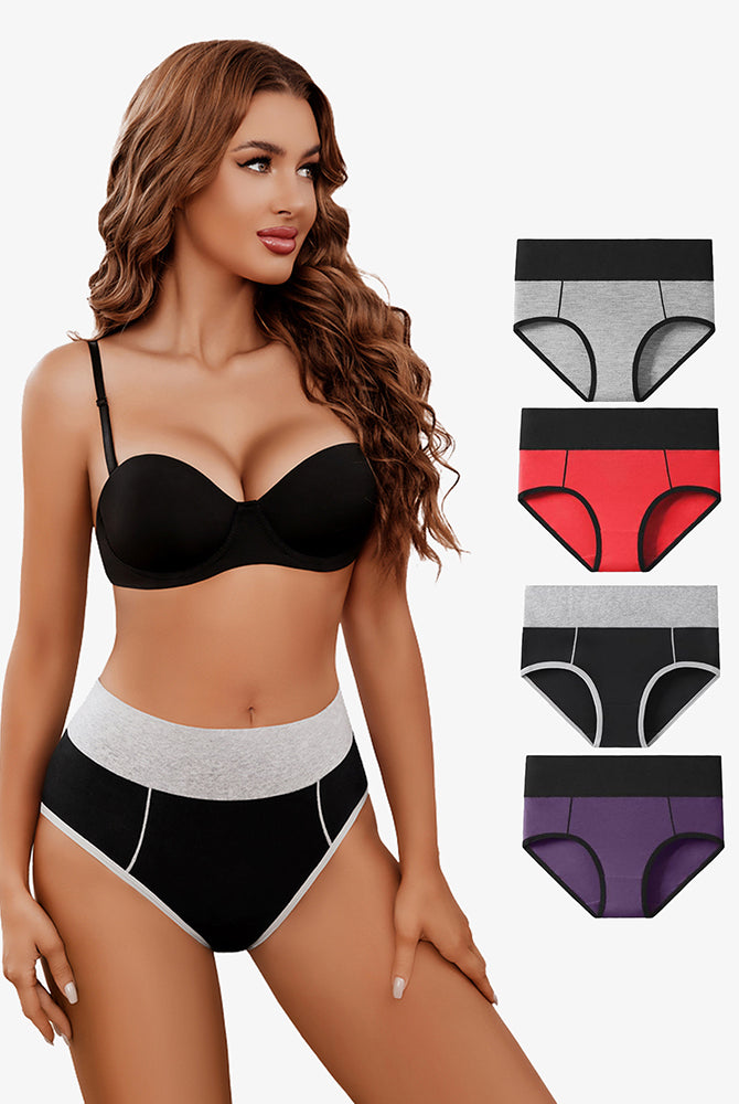 High-waist cotton hipster panties in various colors, featuring a comfortable, color-clash design.