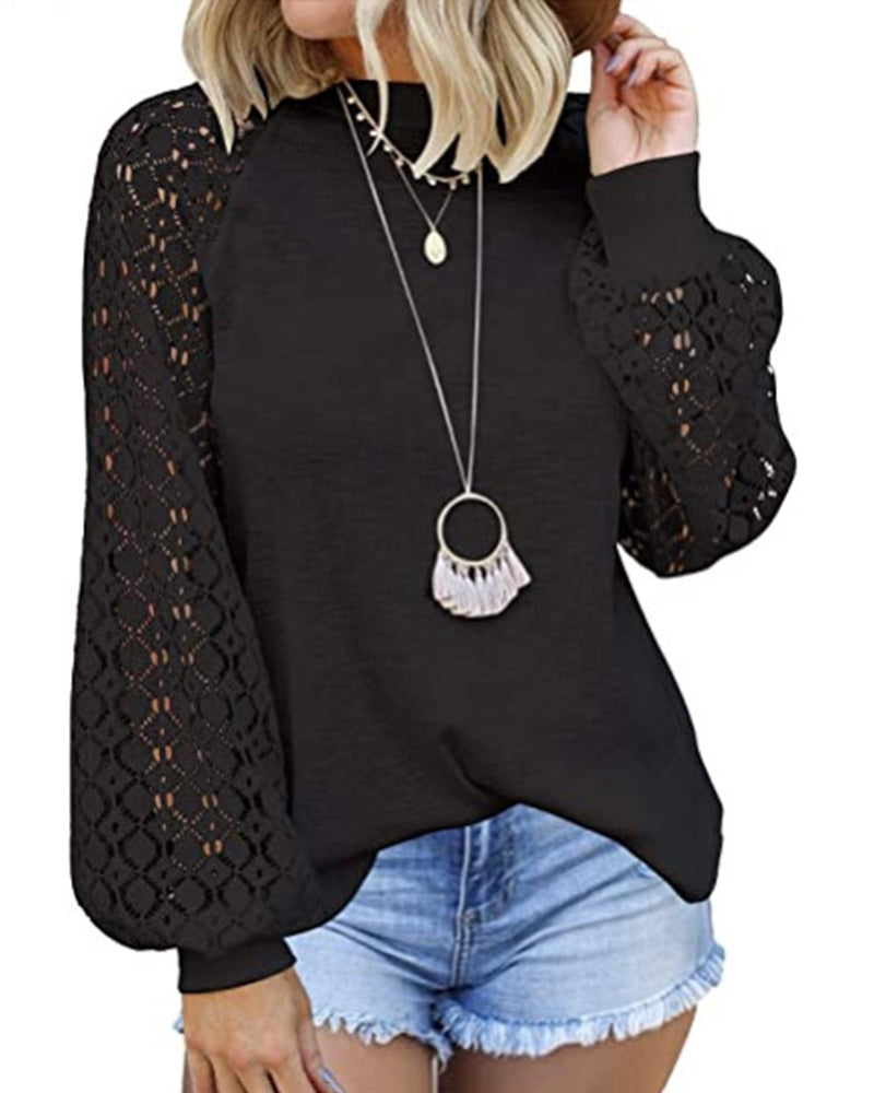 Black long sleeve shirt with lace sleeves and round neck, casual style for daily wear.