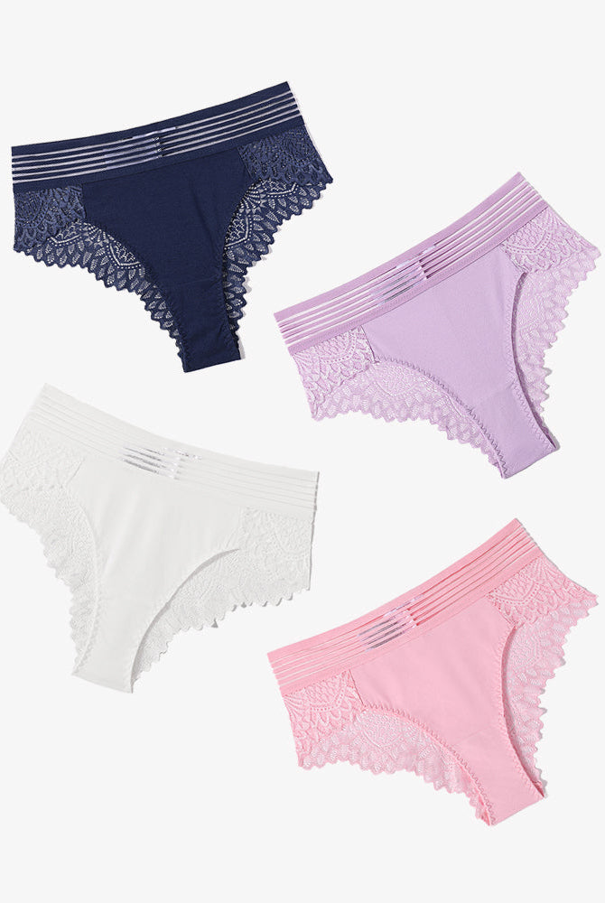 Lace Cheeky Hipster Panties: navy, lavender, white, pink. Comfortable cotton with lace back design.