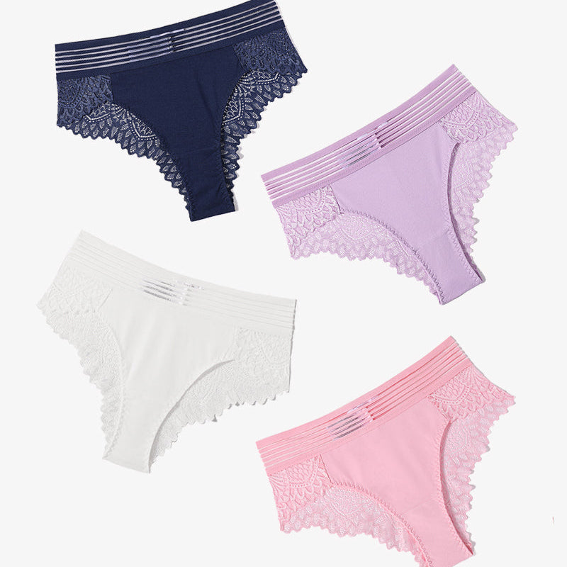 Lace Cheeky Hipster Panties: navy, lavender, white, pink. Comfortable cotton with lace back design.