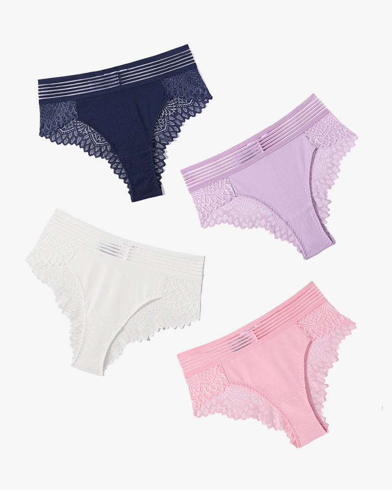 Lace Cheeky Hipster Panties: navy, lavender, white, pink. Comfortable cotton with lace back design.
