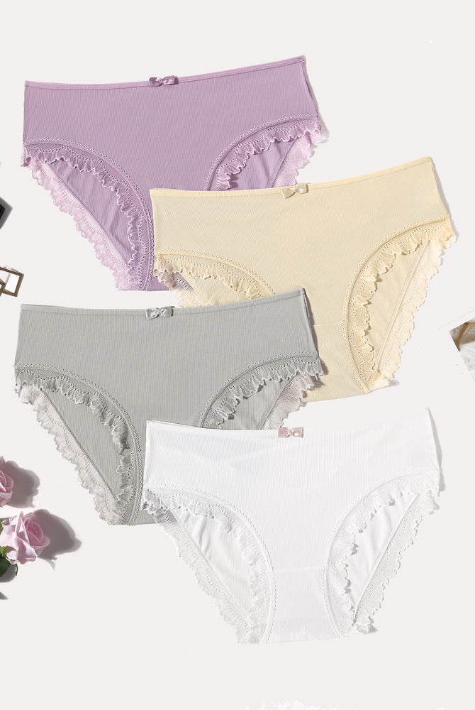 4-pack lace-trim panties with crisscross back; purple, cream, gray, white