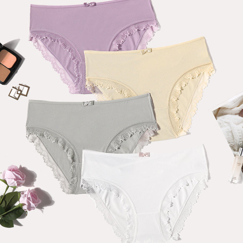 4-pack lace-trim panties with crisscross back; purple, cream, gray, white