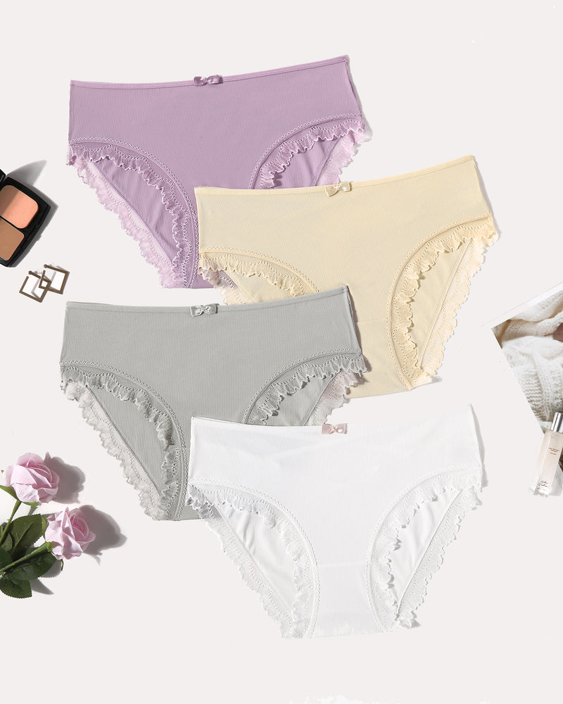 Women's colorful lace trim panties set: purple, yellow, gray, white, with bow