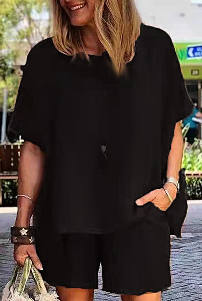 Black linen-blend two-piece shorts set for women, casual style, perfect for leisure and daily wear