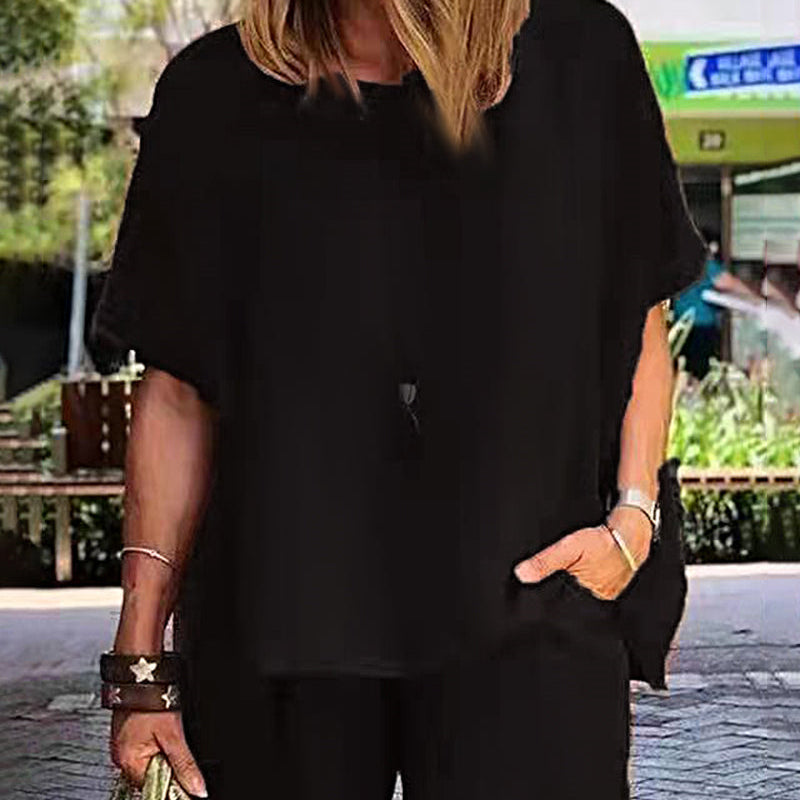 Black linen-blend two-piece shorts set for women, casual style, perfect for leisure and daily wear