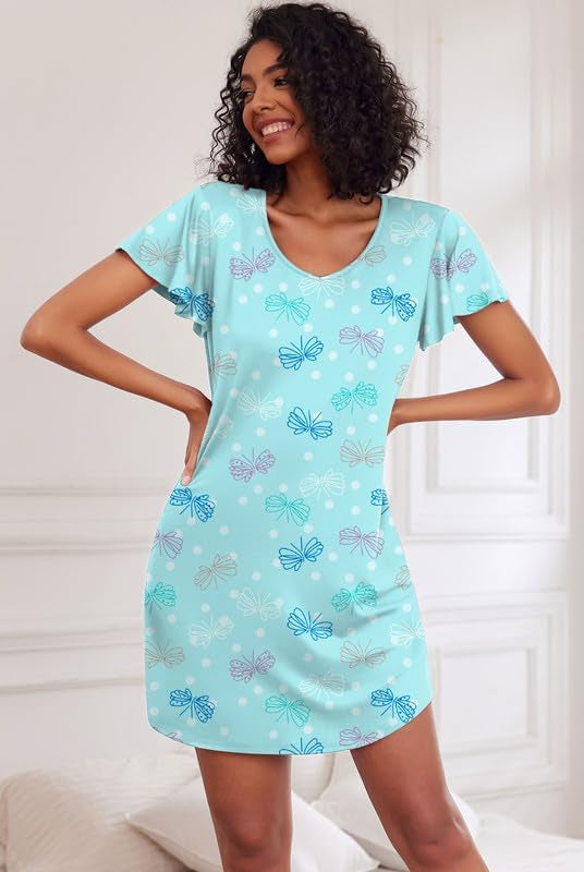 Turquoise butterfly print nightshirt sleep dress with short sleeves and scoop neck.