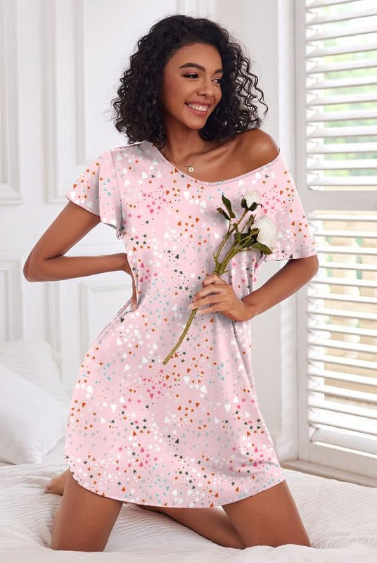 Light pink star print nightshirt sleep dress with short sleeves and scoop neck.