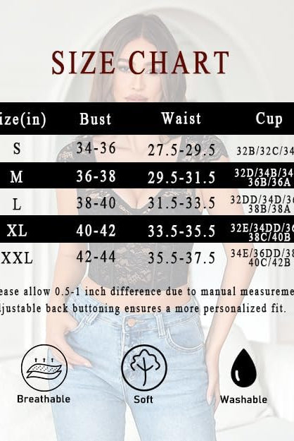 Lace bustier crop top size chart, S-XXL. Bust, waist, cup sizes. Breathable, soft, and washable.