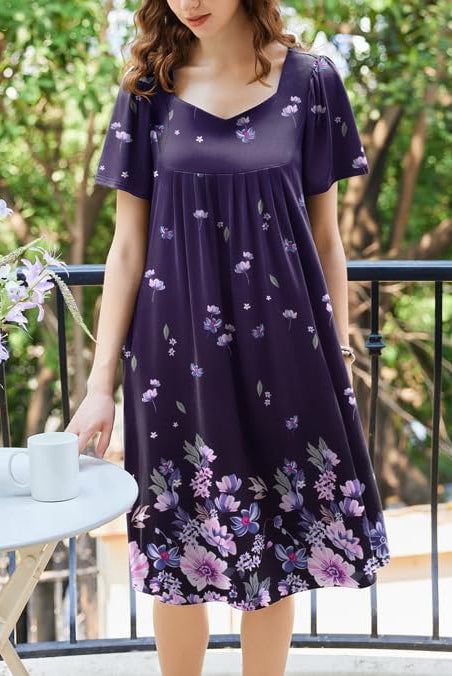 Women’s pleated house dress, dark purple with small pink floral print, short sleeves