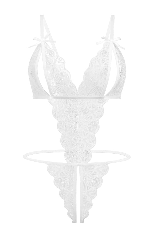 White lace bodysuit with open cup, bow details, backless design. Sexy lingerie for a hot night.