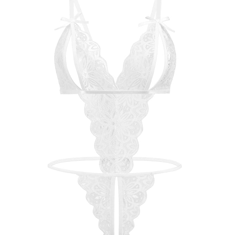 White lace bodysuit with open cup, bow details, backless design. Sexy lingerie for a hot night.