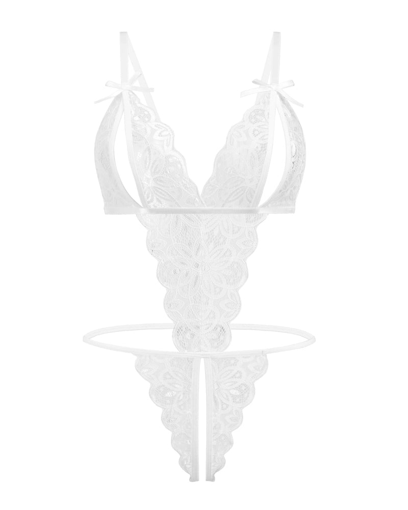 White lace bodysuit with open cup, bow details, backless design. Sexy lingerie for a hot night.