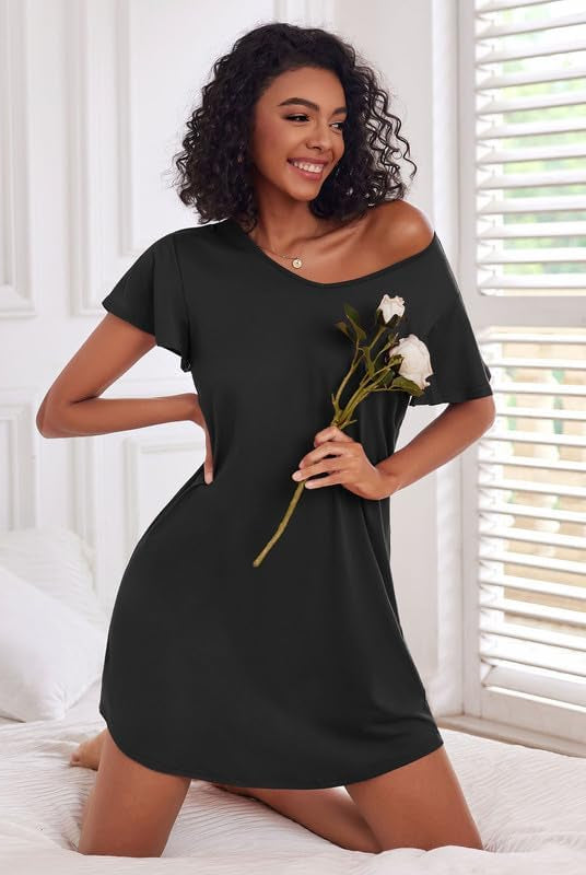 Women’s nightshirt dress in black with rose graphic at chest, short sleeves