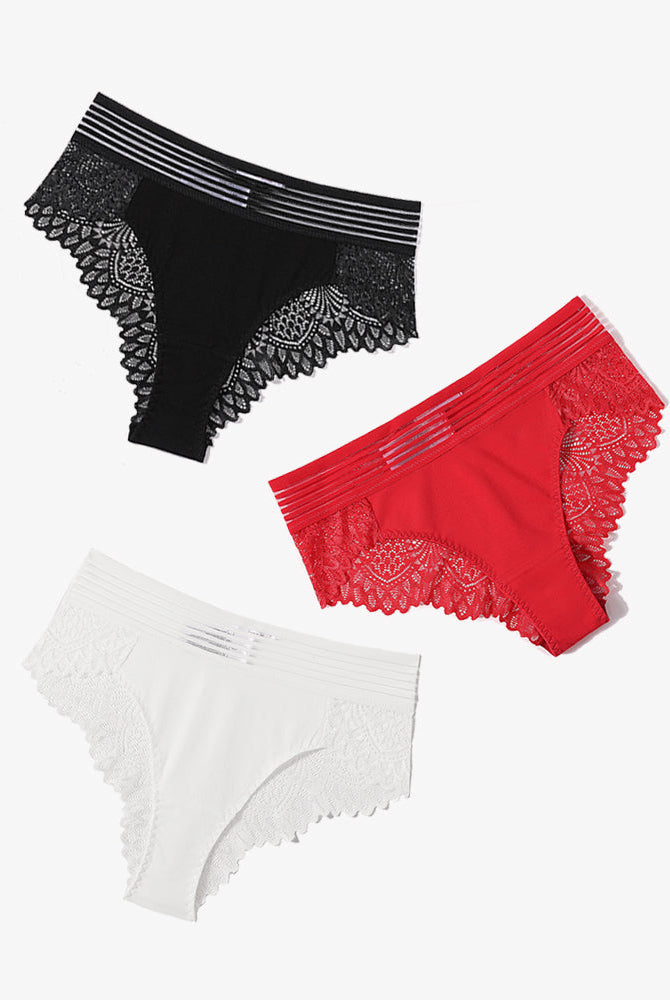 Black, red, and white lace cheeky hipster panties, showcasing comfort and sexy design.