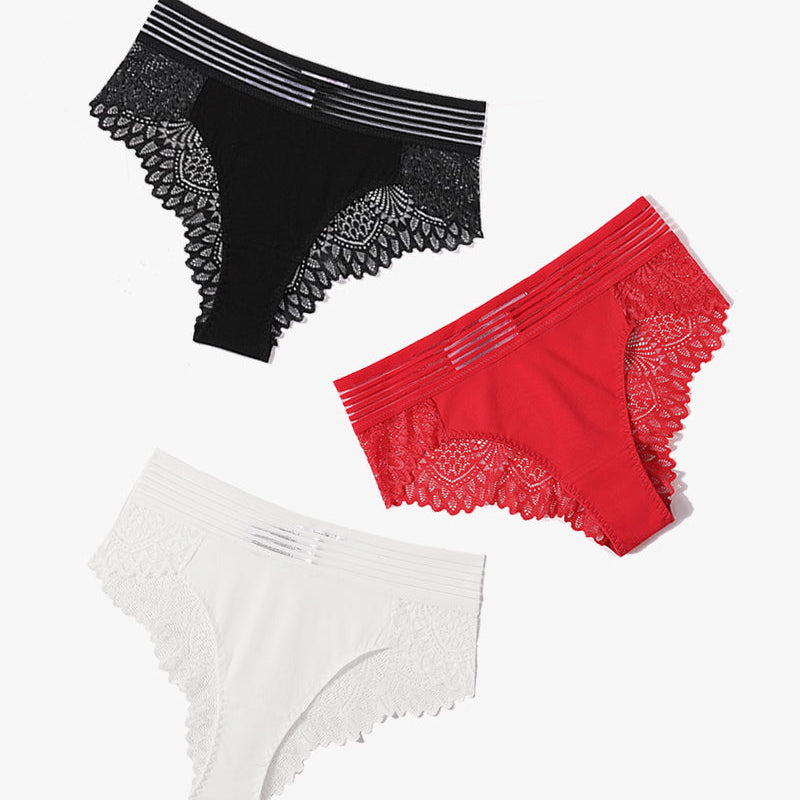 Black, red, and white lace cheeky hipster panties, showcasing comfort and sexy design.