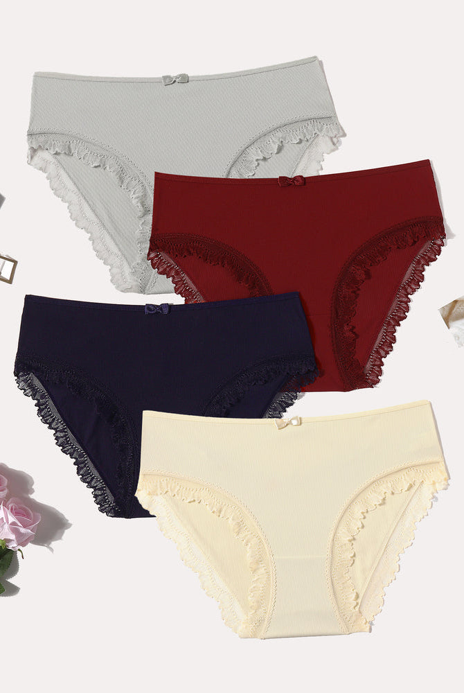 4-pack lace-trim panties with crisscross back; light gray, red, navy, cream