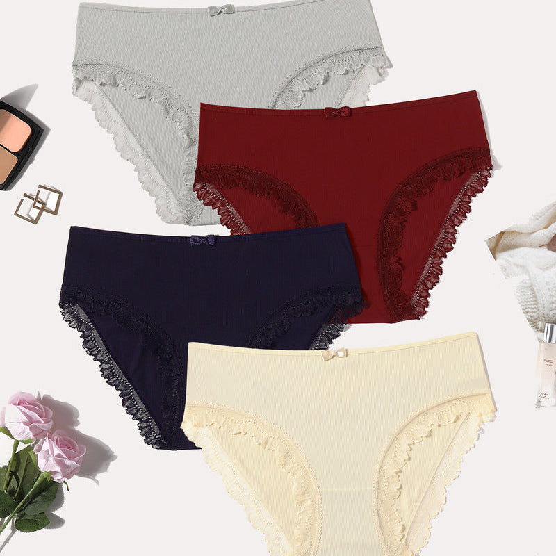 4-pack lace-trim panties with crisscross back; light gray, red, navy, cream