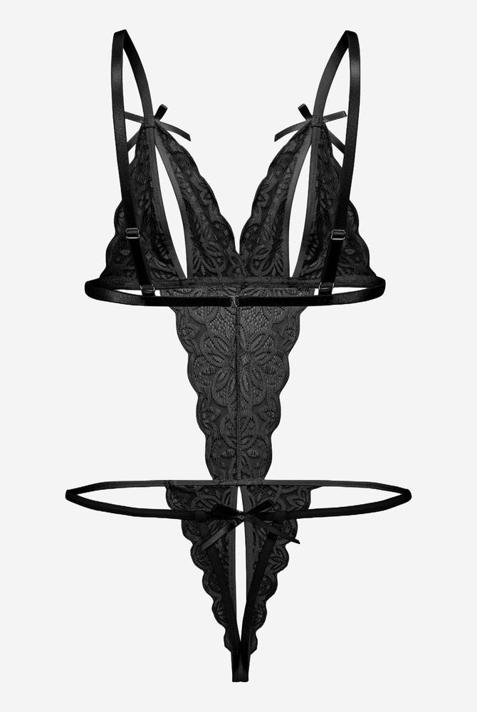 Black lace bodysuit with deep V-neck, bow details, backless design. Sexy lingerie for a hot night.