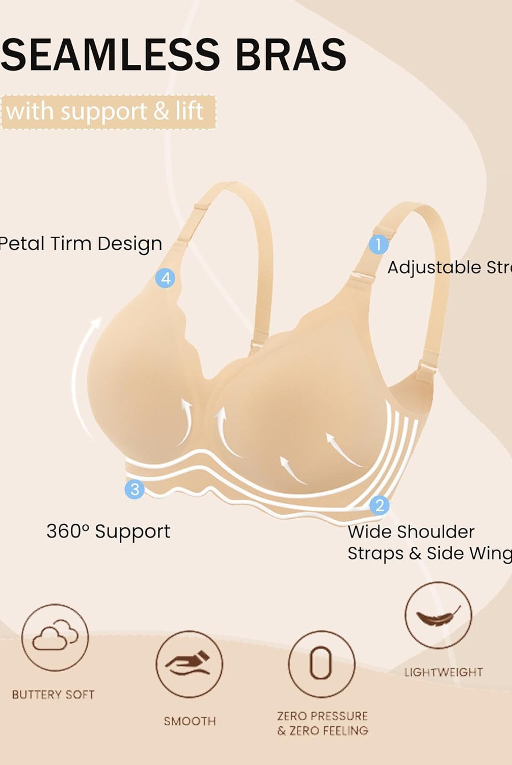 Beige seamless bra with adjustable straps and 360° support, offering a soft and lightweight feel.