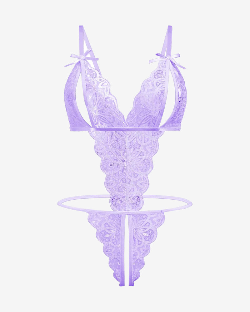 Lavender lace bodysuit with open cup, backless design, and bow details. Sexy lingerie.