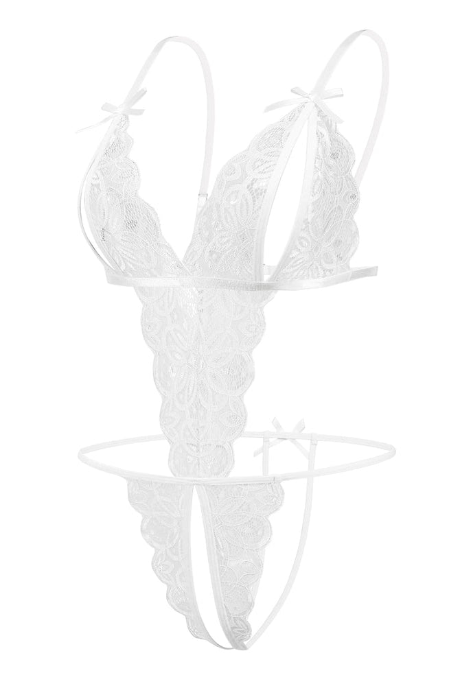 White lace bodysuit, deep V neckline, crotchless, bow details. Sexy lingerie for women.
