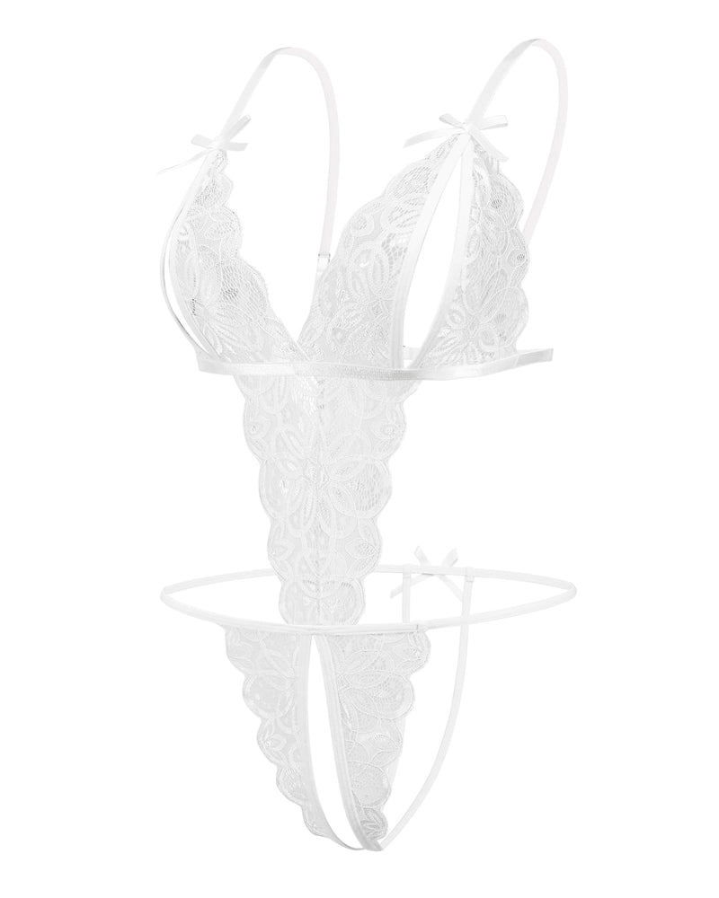 White lace bodysuit, deep V neckline, crotchless, bow details. Sexy lingerie for women.