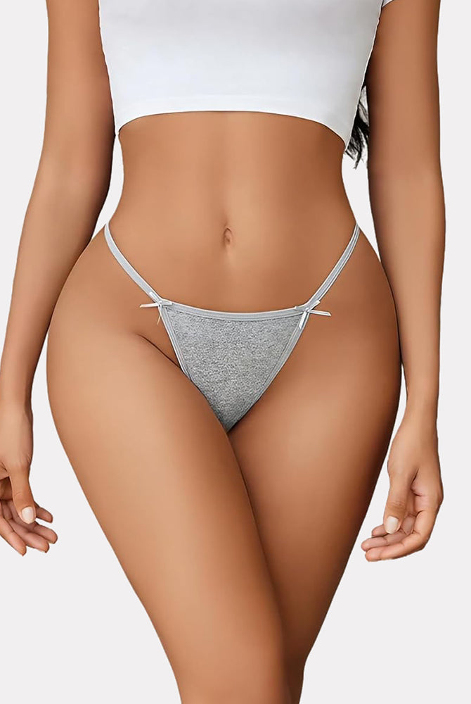 Grey cotton G-string thong with bow details, comfortable and sexy lingerie for women